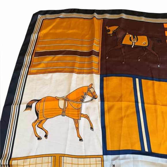 Vintage equestrian motif square scarf in black, brown, orange and gold. EUC - Picture 5 of 9